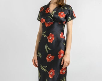 Vintage Y2K silky Poppy maxi dress fitted with red flowers viscose small
