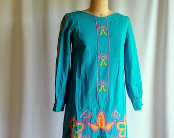 60s neon handwoven Flax Shift Wool Embroidery Mexican Dress Bright Turquoise Loom Woven Bohemian Ethnic