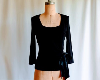 90s Minimalist Black Wrap Blouse Silk Bow One Piece Camisole and Jacket - US Size 4 - 6 - 8