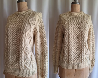 60s Donegal Irish handknit wool Aran cream pullover sweater cream cable knit medium