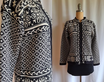 70s Dale of Norway cardigan zipper wool sweater black and white small