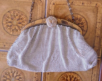 Art Deco Whiting & Davis Bag - Antique Cream Mesh Purse - Rhinestone Kiss Lock - Engraved Label