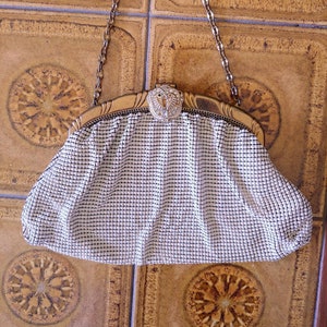 Art Deco Whiting & Davis Bag - Antique Cream Mesh Purse - Rhinestone Kiss Lock - Engraved Label