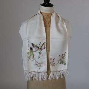 Vintage original c 1940s white silk satin hand painted novelty scarf Japanese