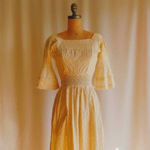 60s Mexican Pin Tucks Maxi Dress Crochet Lace Bell Sleeves