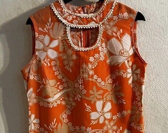 Hawaiian hibiscus 60er 70er Orange Blümchen Scooter Kleid Mini Mod Ärmellos Retro Go-Go