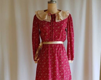 Jaren &#39;70 doorschijnende bloemenjurk in Victoriaanse stijl geborduurde kraag met stroken Laura Ashley-stijl Young Edwardiaanse pasvorm doorschijnend medium groot