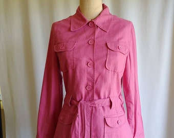 70s Redoute France linen safari jacket blazer pink pockets tie belt medium