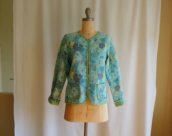 70s quilted jacket pure cotton cottagecore Asian style floral print boxy pockets reversible gingham medium large