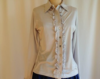 Edwardian romantic victorian silky soft silvery gray ruffle blouse Sport Couture medium large