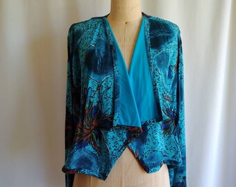 Tropical jacket aqua blue clubbing underwater sealife jacket rayon medium