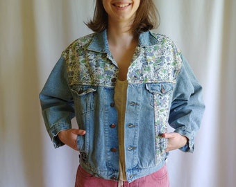 80s Dutch jean jacket cottagecore 1948 bohemian denim gingham floral fabric blouson cropped Boxy's label medium