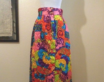 60s patchwork Quilted Op Art Bohemian Boho Hippie Button Neon High Waisted Maxi Skirt Peter Max 70s PSYCHEDELIC MOD Floral Abstract Print