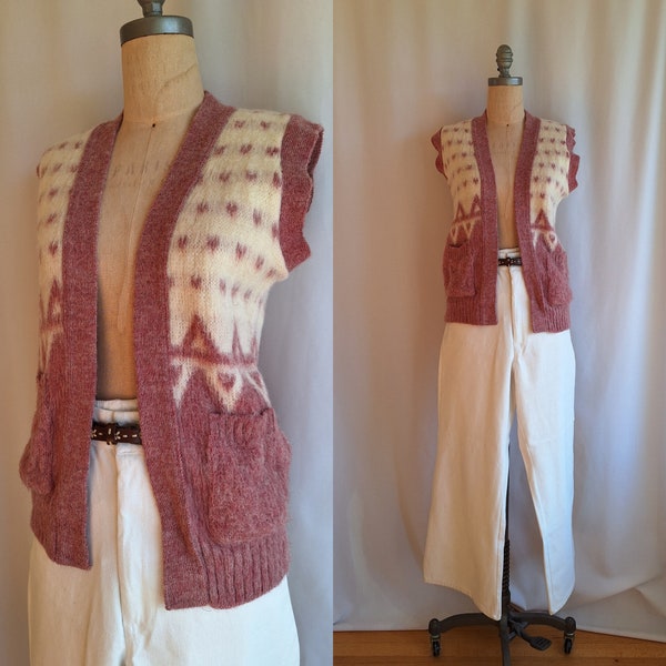 Vintage 1970s Icelandic wool cardigan vest rose and cream Nordic sweater Scandinavian made in Great Britain