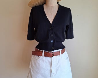 vintage 90s Banana Republic cardigan cropped cotton wool blend black fitted waist short sleeves puffed shoulders  Hong Kong medium small