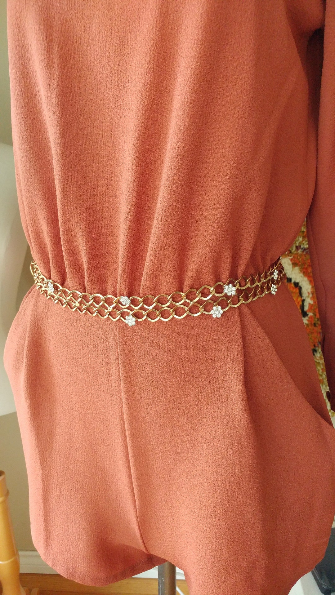 60s Mod Chain Link Coppertone Belt With Rhinestones to 30 Inch Waist Etsy