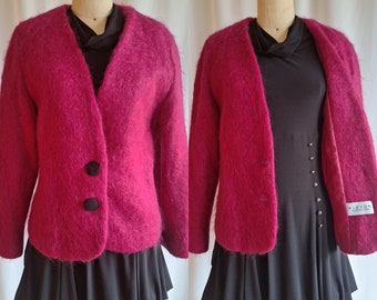 80s deep plum Alexon mohair wool jacket sweater coat minimalist spring fashion fuschia medium