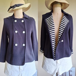 Tory Burch French girl nautical stripes dark deep navy blue knit jacket cardigan peter pan collar double breasted medium small