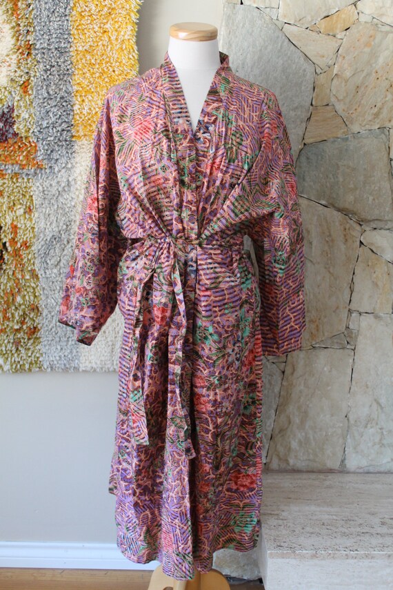 70s Cotton Duster Tropical Kimono Animal Print Fl… - image 3