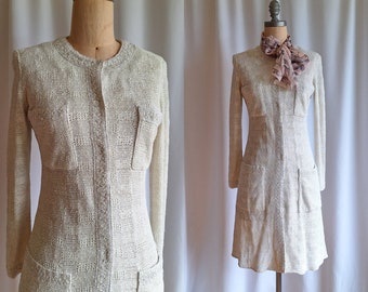 60s 70s mod woven minimalist fitted linen flax cardigan 60s designer Pat McDonagh metallic sweater coat US small