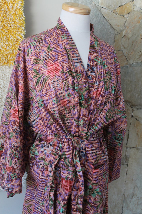 70s Cotton Duster Tropical Kimono Animal Print Fl… - image 5