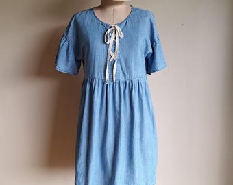 Vestido babydoll Joie vintage Y2K de algodón, denim de algodón lyocell, mangas fruncidas con lazo delantero, pequeño