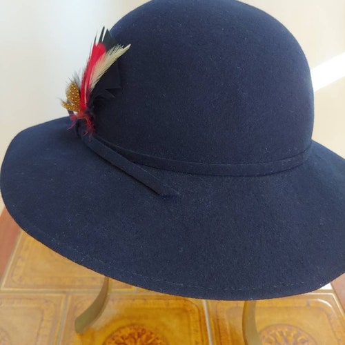 70s navy brimmed floppy felt fedora Edwardian hat with feathers mint shops