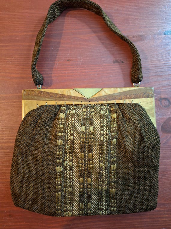 VINTAGE 1930s 40s ART DECO Hand Woven Brown Wool Cloth Hand Bag