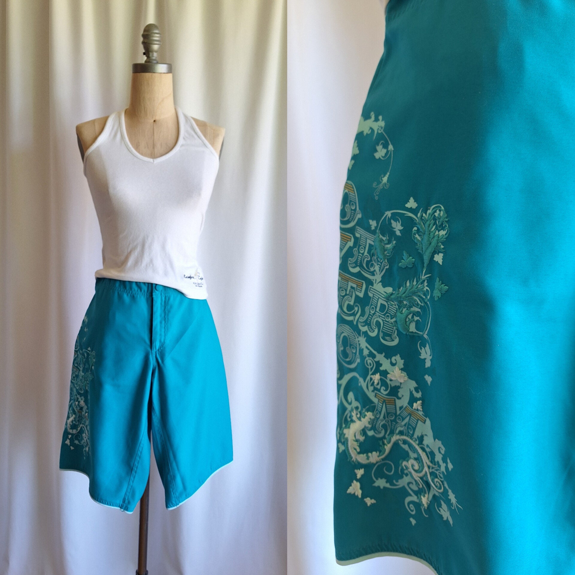 RARE 90s Roxy Quicksilver Board Shorts Aqua Blue Turquoise