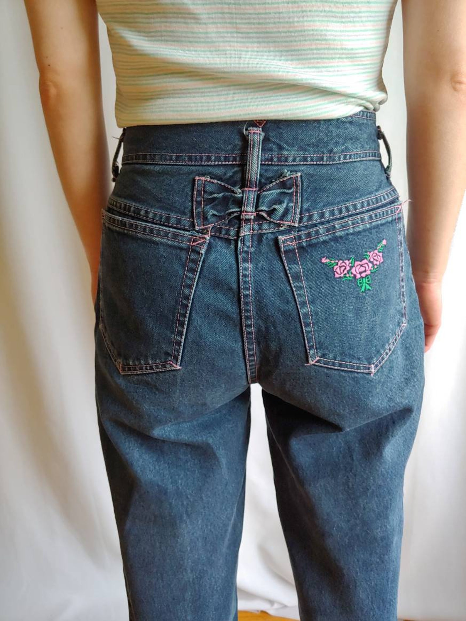 80s High Waisted Jeans embroidered waist zipper ankles Petite | Etsy