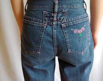 80s High Waisted Jeans embroidered waist zipper ankles Petite cropped 28 inch waist 25 inch rise