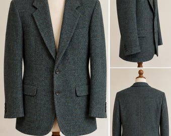 Men's Harris Tweed teal classic wool blazer academia Scottish sport coat medium