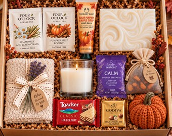 SELF CARE SPA Kit Pumpkin Chai Latte Goat's Milk Soap, Lavender, Spice Candle, Hand balm, Shower Steamer, Scrunchie, Knit pumpkin, Treats