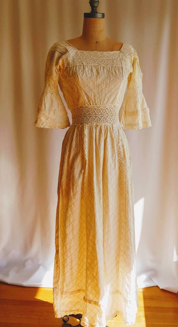 60s Mexican Pin Tucks Maxi Dress Crochet Lace Bell Sleeves 60s Mexican Pin Tucks Maxi Dress Crochet Lace Bell Sleeves