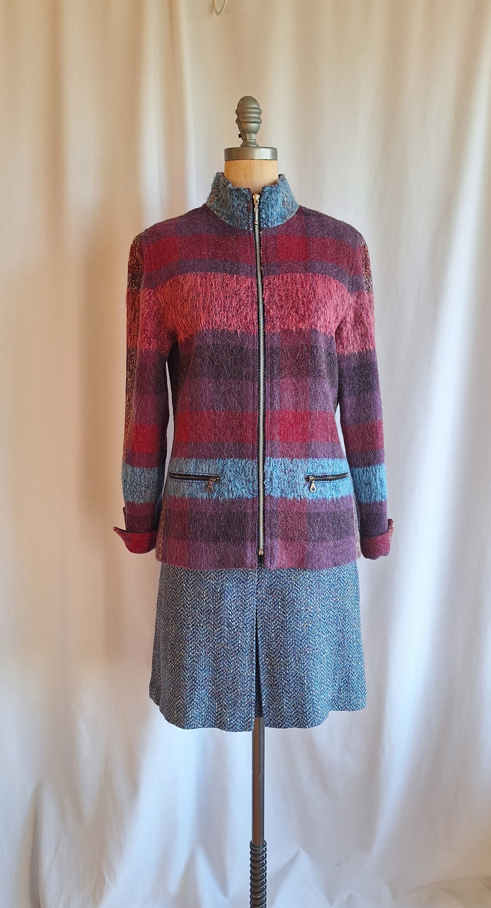 Veste Caban Vintage Années 70 En Laine Bleue - Fabriqué En France - Taille L - Occasion Très Bon État