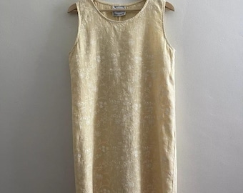 90s Dressing Clio pure woven linen dress shift cream beige yellow printed floral medium and large 2 available