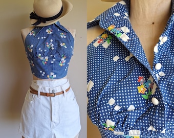 60's halter top cropped shirt dagger collar cotton xxs