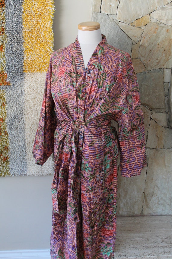 70s Cotton Duster Tropical Kimono Animal Print Fl… - image 2