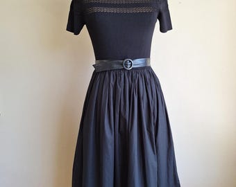 Minimal cotton lined openwork crochet knit midi dress black stretch waist small