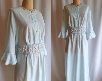 70s aqua cotton nightgown robe dress pajama long bell sleeves XL