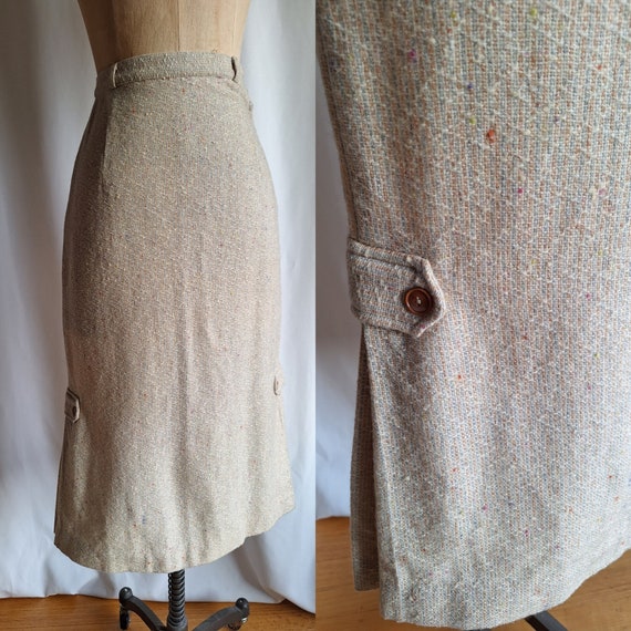 40s 50s Wool Tweed Pencil Skirt Kick Pleat Cream … - image 1