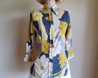 70s RARE Katharine Hamnett cotton blouse mod psychedelic floral shirt dagger collar mustard yellow medium