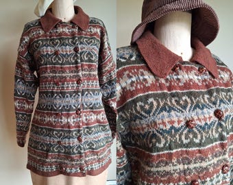1990s wool cardigan fairisle double breasted leather buttons earth tones large