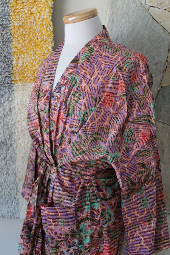 70s Cotton Duster Tropical Kimono Animal Print Fl… - image 6