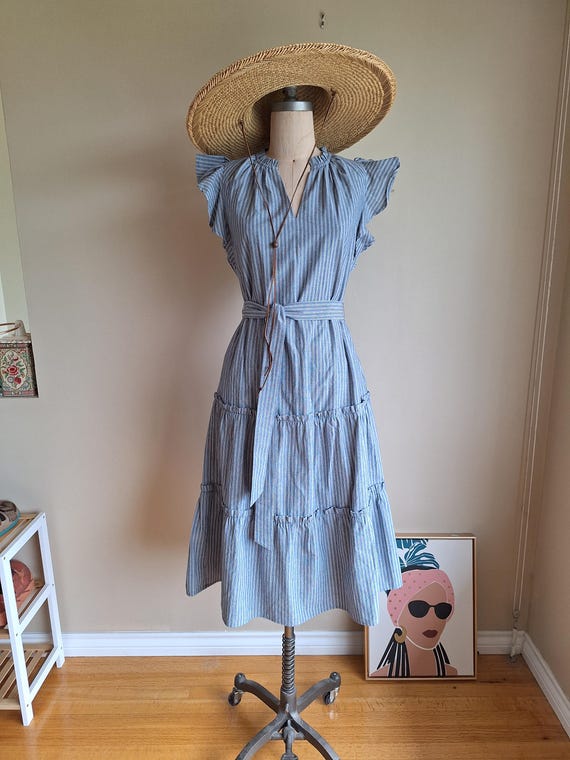 Vintage Cottagecore Chambray Dress: Blue Pinstripe, Ruffle Sleeve