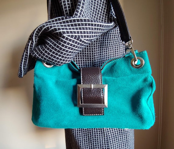 90s Italian Suede Leather Handbag Purse Buckle Shoulder Bag Clutch Teal Blue Green Barrel Black Mod 60s Italy