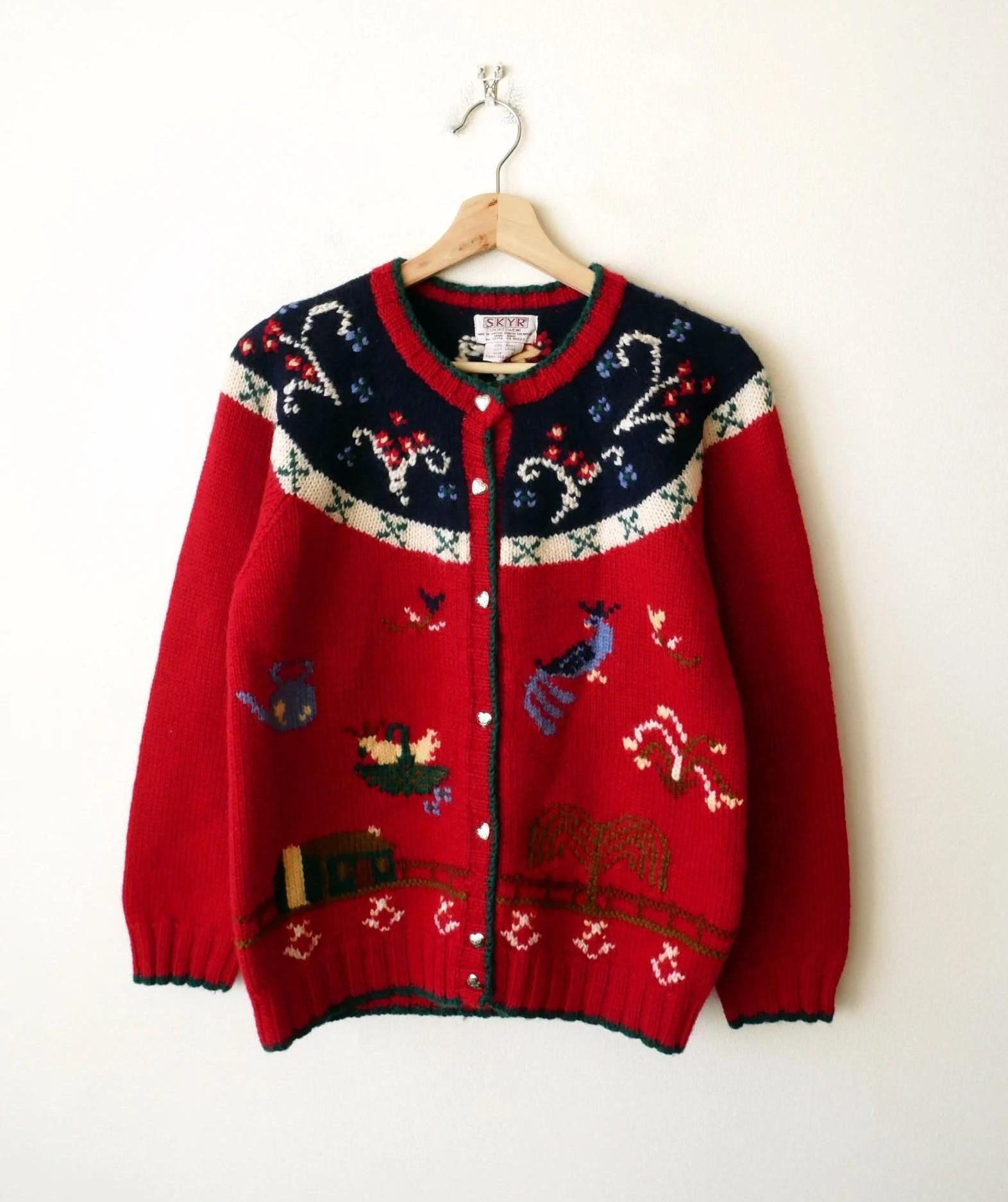 【GRAVER】Dot Smile Embroidery Tartan Check Knit Cardigan SKYR Cottagecore Bird Farm Red Wool Sweater Cardigan Small