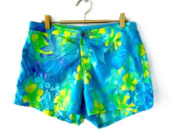 Vintage Catalina Hawaii Graphic Board Surf Shorts 90s Y2k Bright Shorts Blue Yellow Floral Hawaiian Swim Bottoms