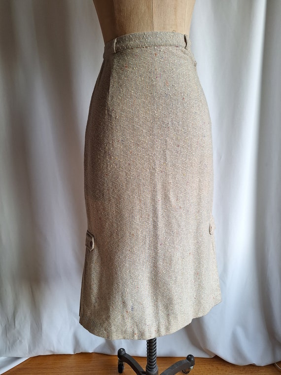 40s 50s Wool Tweed Pencil Skirt Kick Pleat Cream … - image 2