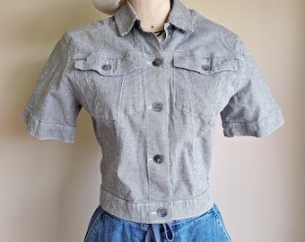 Vintage 90s French Dressing Jeans Cropped Denim Jacket, Cotton Houndstooth Short-Sleeved Chore Coat with Shoulder Pads, Size Small - RARE
